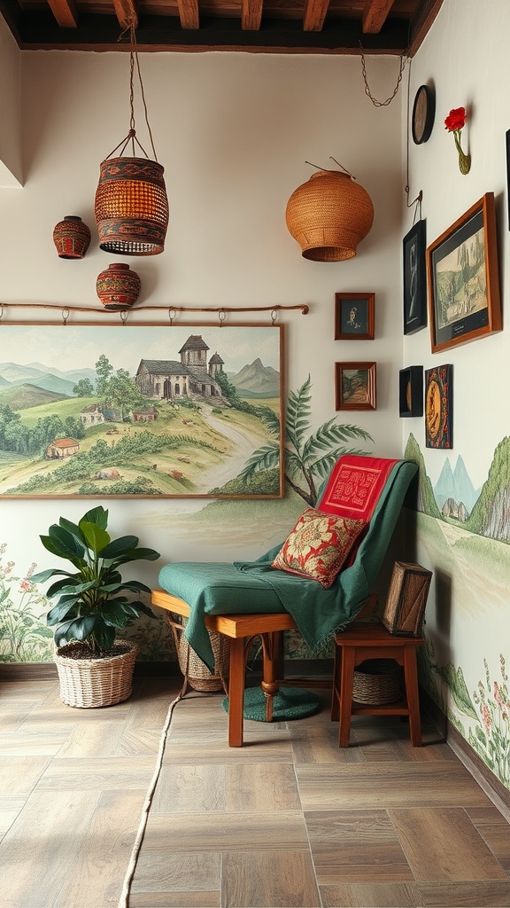 A cozy home office featuring local artwork with a mural of the countryside, woven baskets, and comfortable seating.