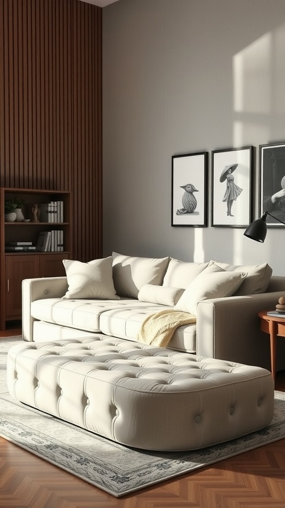 A cozy living room setup featuring a stylish sofa and a tufted ottoman on a patterned rug.