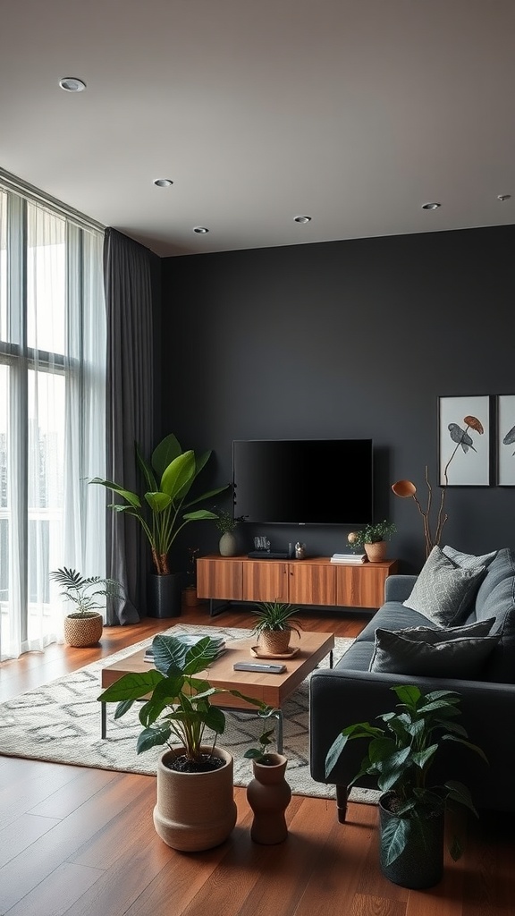 A stylish living room featuring dark walls, wooden furniture, and various indoor plants.