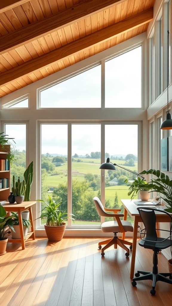 A bright home office with large windows showing a countryside view, featuring plants, wooden furniture, and a cozy atmosphere.