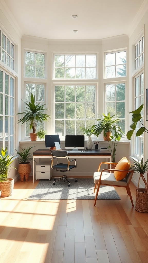 A bright home office with large windows, a desk, and indoor plants.