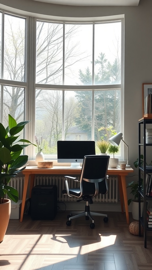 A well-lit minimalist home office with large windows allowing natural light, featuring a wooden desk, plants, and a computer.