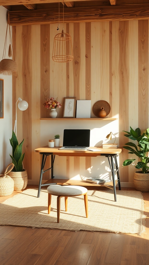 A cozy feminine small home office featuring wooden walls, a desk, plants, and natural textures.