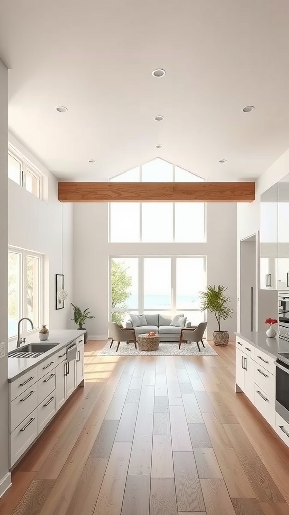 A spacious U-shaped kitchen that opens into a living area with large windows and a modern design.