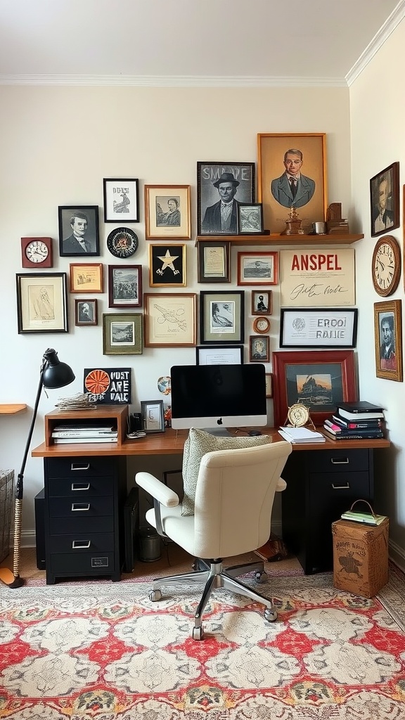 A stylish home office space with a gallery wall of framed art and photographs, featuring a desk and ergonomic chair.