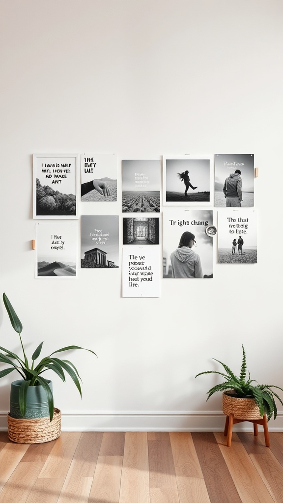 A minimalist inspiration board featuring black-and-white photos and motivational quotes on a clean wall.