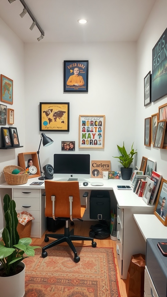 An office space featuring wooden furniture, a map, framed photos, and decorative items.
