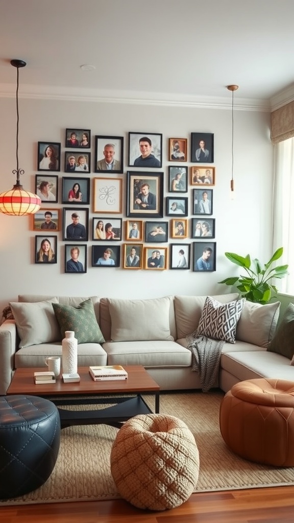 Living room with a wall of framed photos enhancing the Japandi design aesthetic.