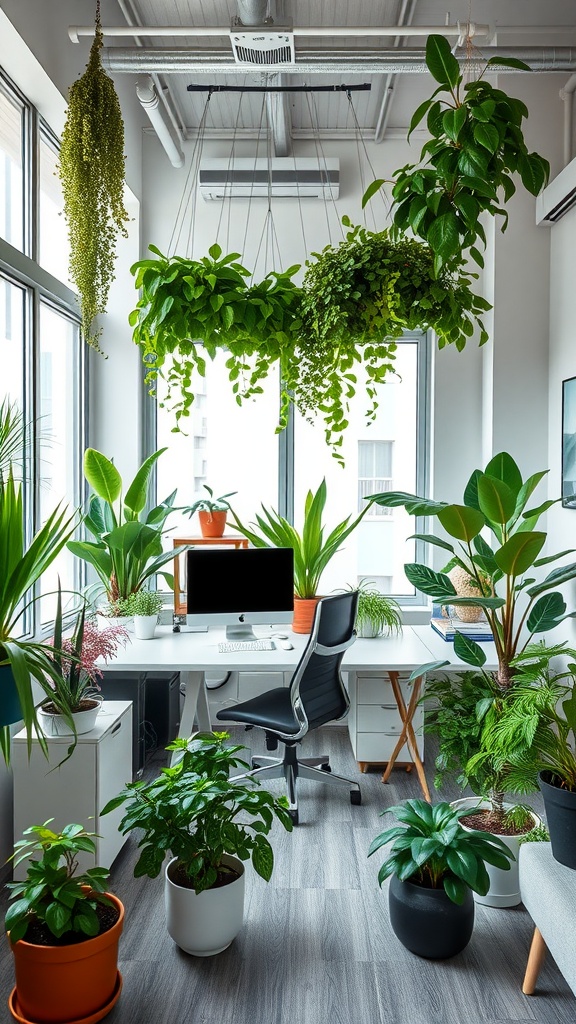 An office space filled with various indoor plants, featuring a white desk with a computer and a black chair, along with hanging green plants.