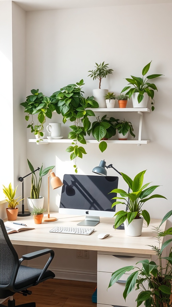 A minimalist home office setup featuring various plants on a shelf and desk, creating a fresh and inviting workspace.