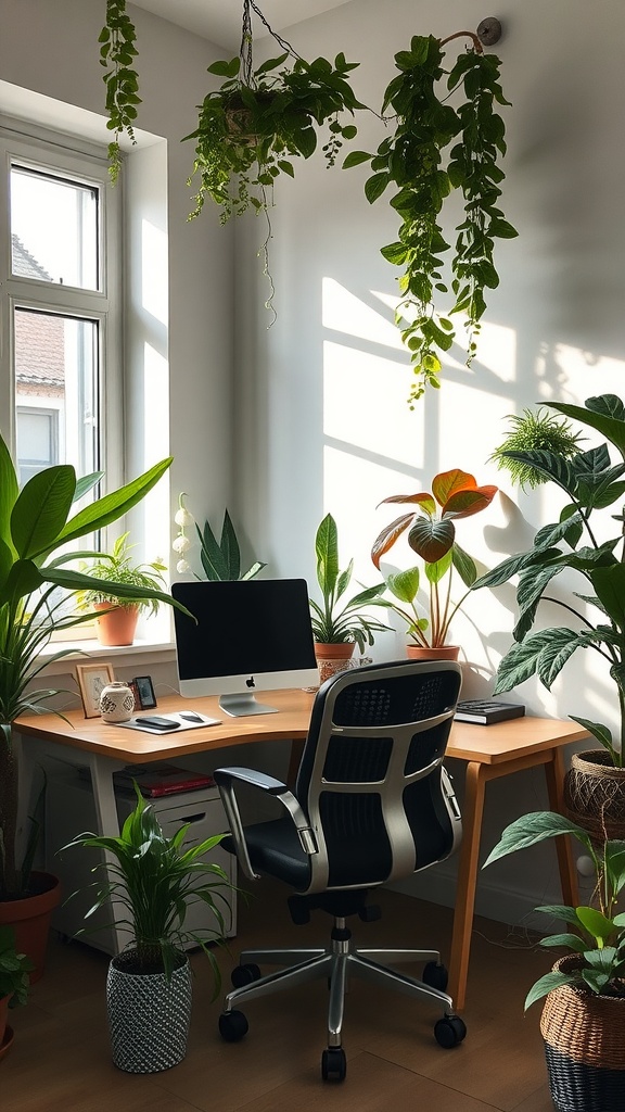 A bright home office with various plants, a desk, and a computer, showcasing a lively and organized workspace.