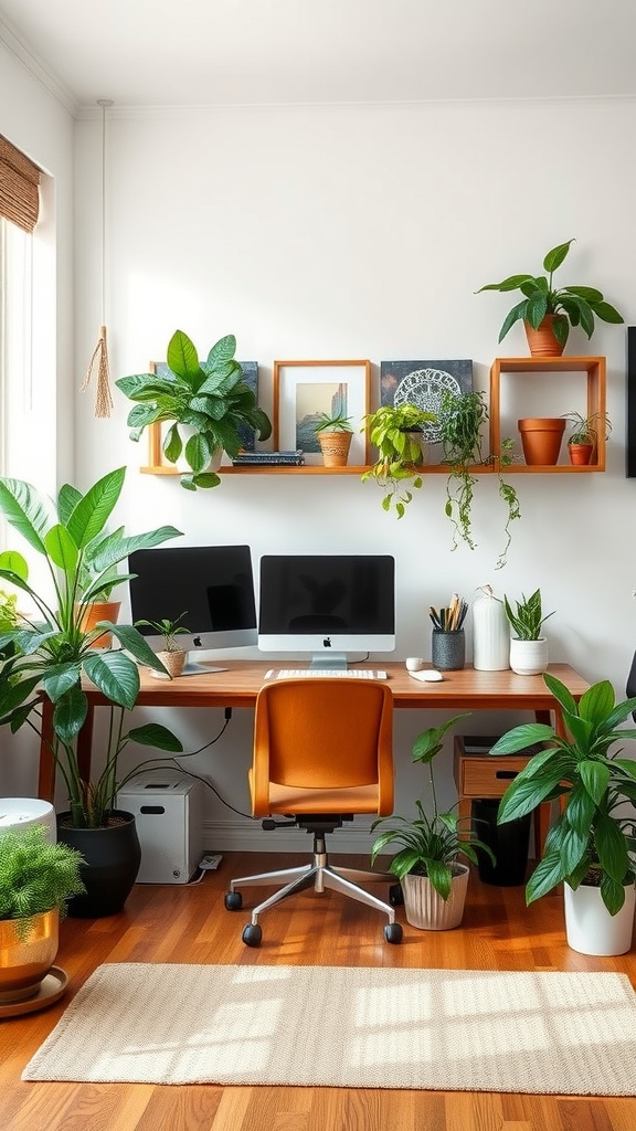 A cozy home office with plants, a wooden desk, and two computers.