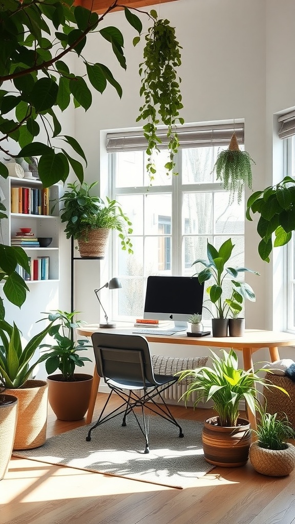 A bright and airy home office filled with various plants, featuring a desk, chair, and computer.
