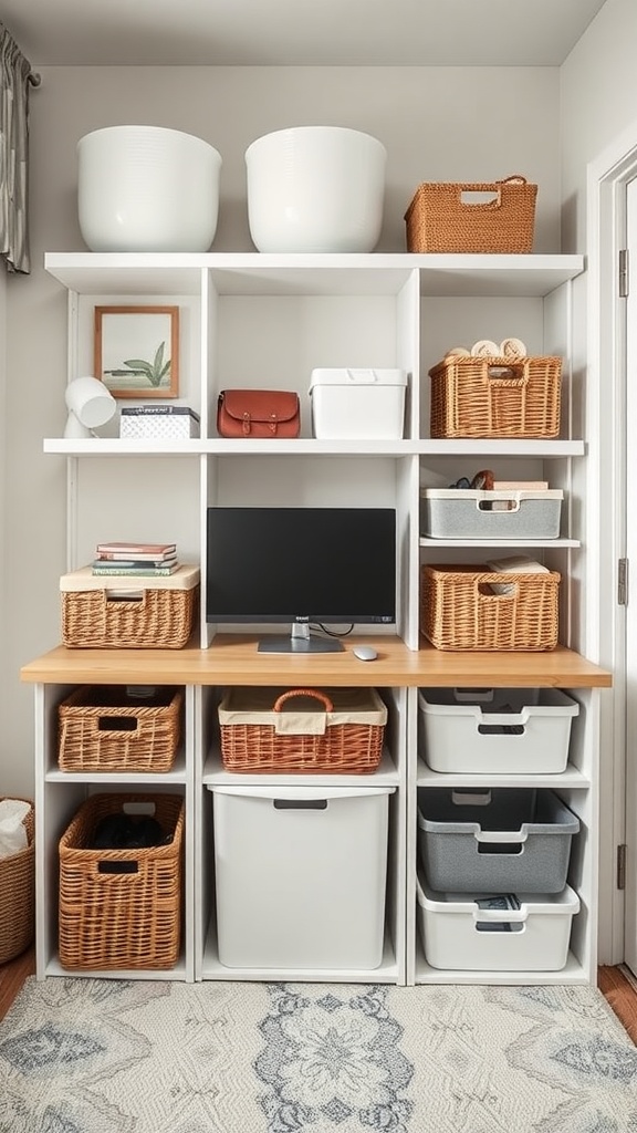A organized home office setup with a computer, various storage baskets, and a clean workspace.