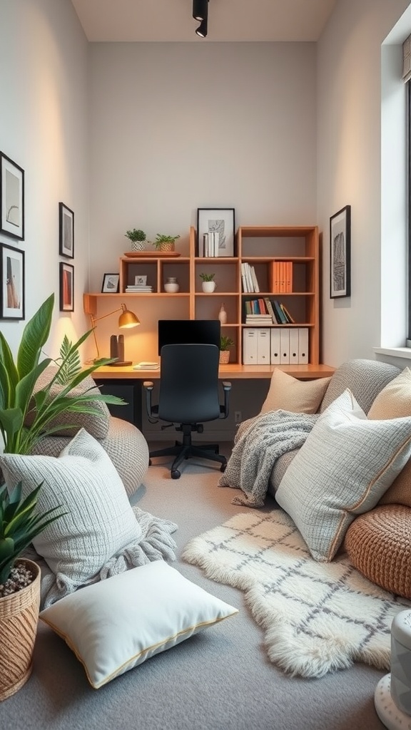 Cozy small office corner with soft cushions, plants, and warm lighting