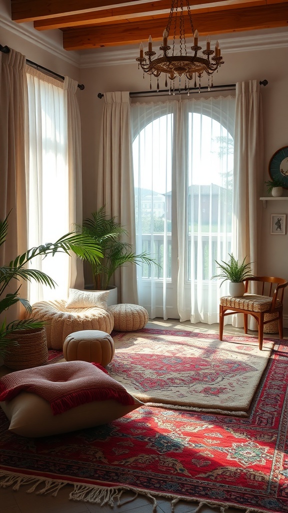 Cozy interior featuring soft textiles, including a colorful rug, cushions, and natural light from large windows.