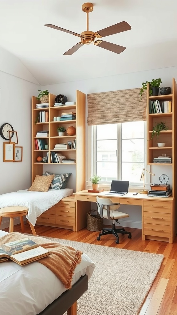 A cozy guest bedroom and home office combo featuring a desk with storage, bookshelves, and a comfortable bed.
