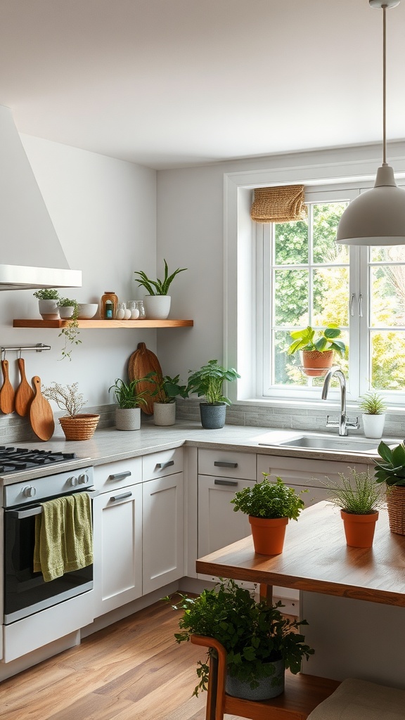 A bright U-shaped kitchen featuring various potted plants and herbs on shelves and countertops.