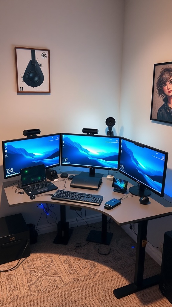 A modern corner desk setup featuring dual monitors, speakers, and organized cables.