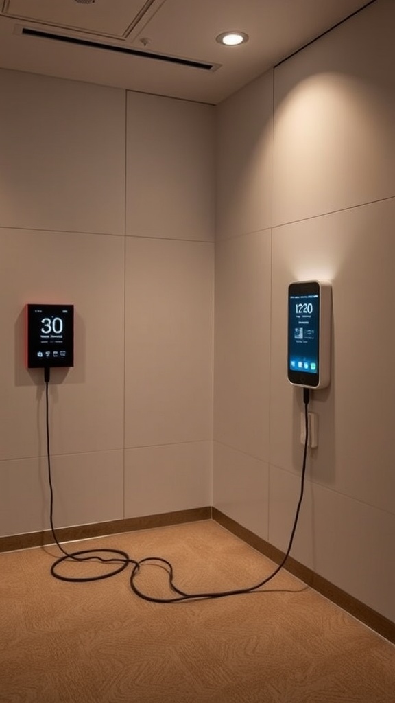 Two wall-mounted smart devices showing temperature and time in a minimalistic room