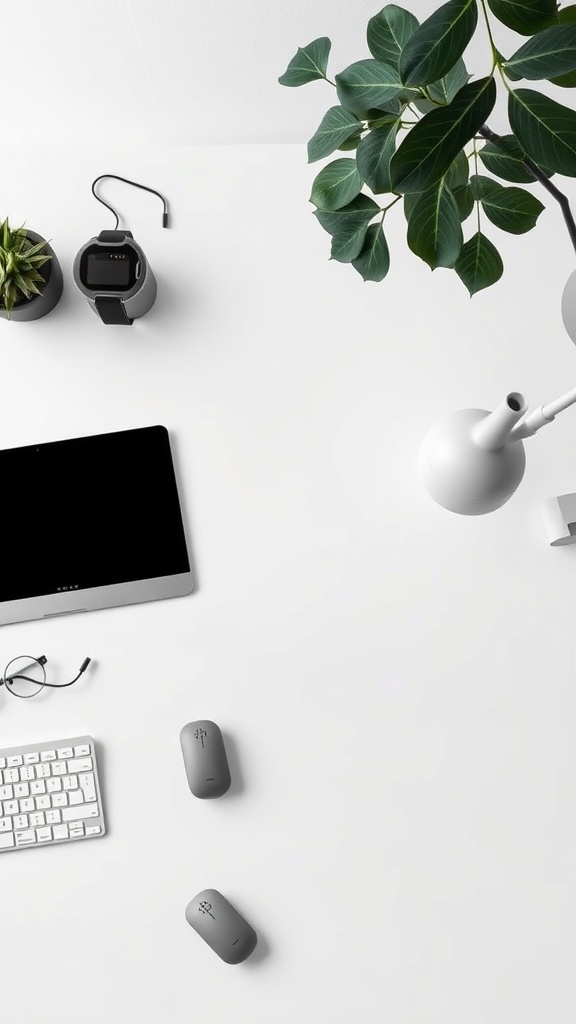 Minimalist home office setup with a monitor, keyboard, two mice, plants, and a lamp on a white desk.