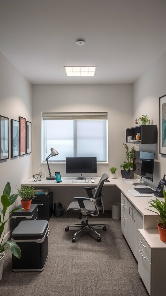 A small office with dual monitors, a smartphone, and plants, demonstrating a seamless integration of technology.