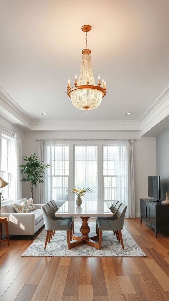 A well-lit living room and dining room combo featuring a beautiful chandelier above a dining table.