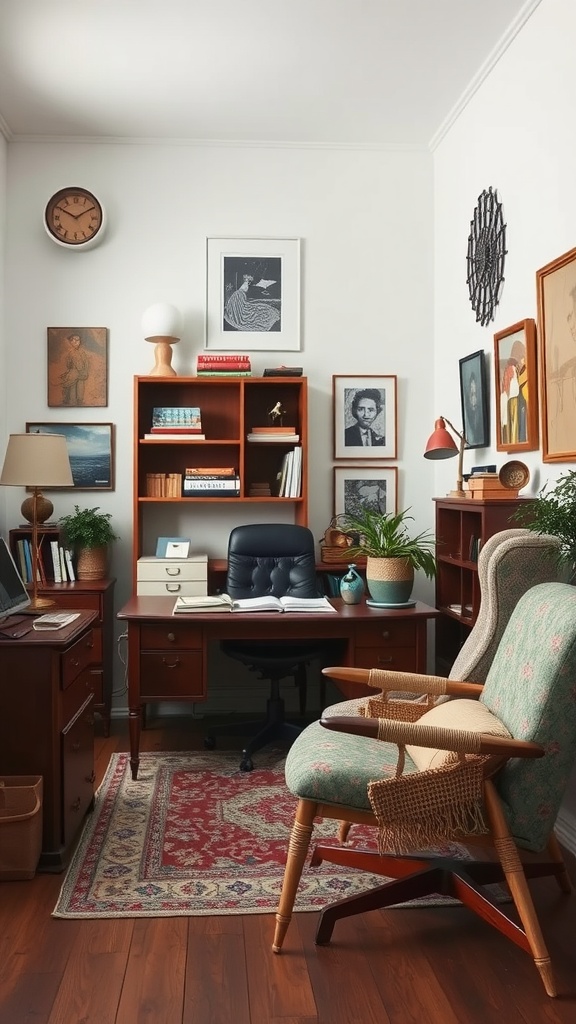 A cozy vintage-inspired small office with wooden furniture, eclectic wall art, and plants.