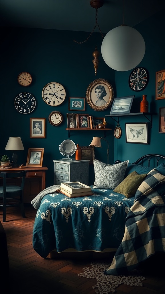 A cozy dark teal bedroom featuring vintage decor elements like clocks and framed photos.