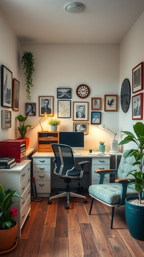 A stylish small home office featuring vintage decor, plants, and a cozy atmosphere.