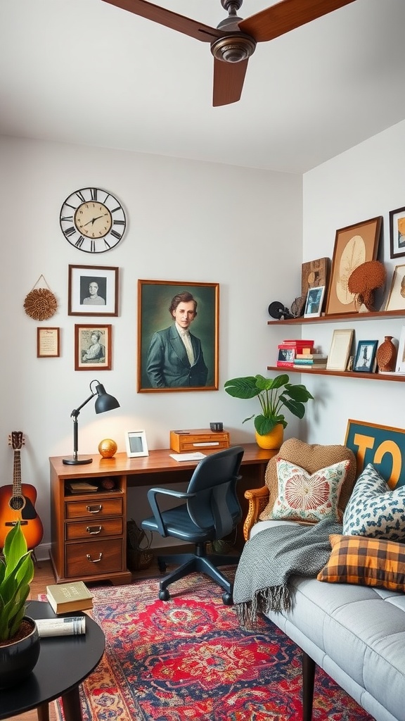 A cozy home office guest room featuring vintage décor, a wooden desk, colorful pillows, and a vibrant rug.