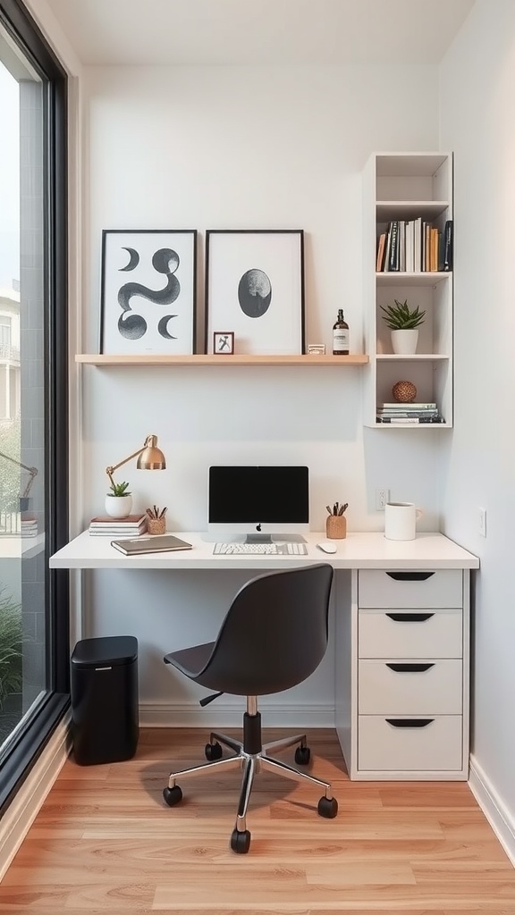 A cozy small office setup featuring a wall-mounted desk with a computer, a potted plant, and framed art.