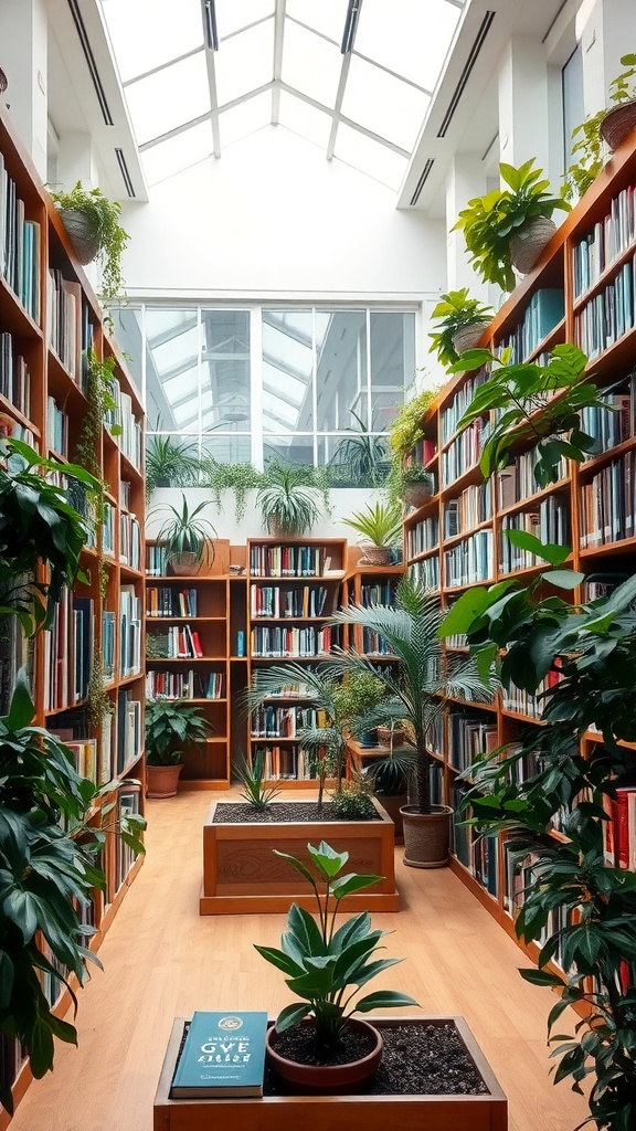 A home library with wooden bookshelves filled with books and indoor plants enhancing the space.