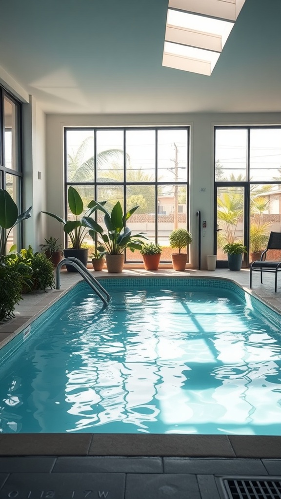 Indoor pool with natural light and plants around