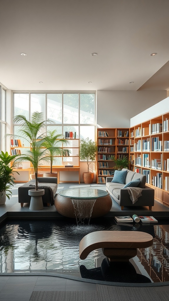 A modern home library featuring a central indoor water feature, surrounded by plants and cozy seating.