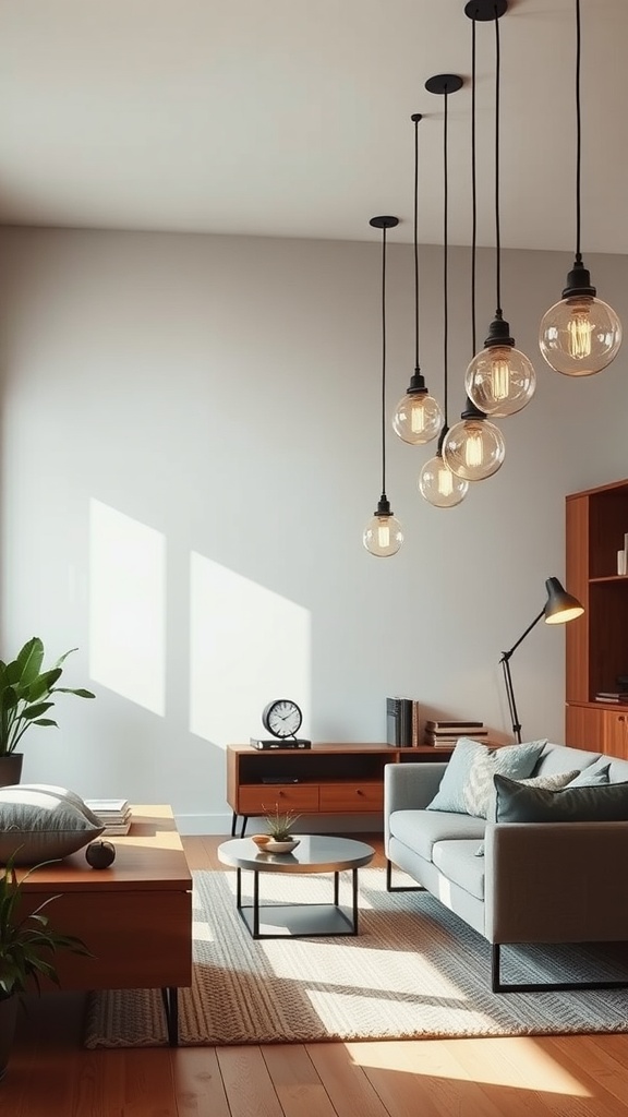 A modern industrial living room with hanging pendant lights, showcasing a cozy seating area with wooden furniture and plants.