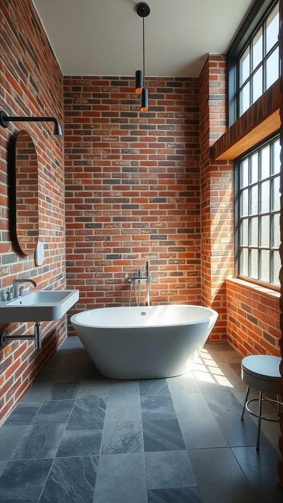 Modern industrial bathroom with exposed brick walls, freestanding tub, and natural light.