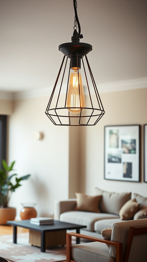 A stylish industrial pendant light in a cozy living room setting