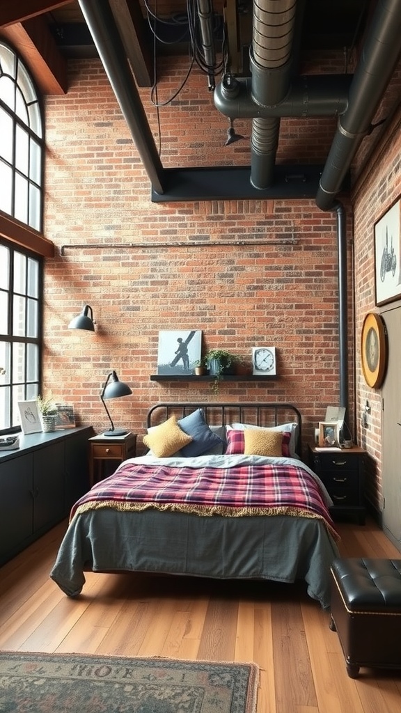 Industrial chic bedroom with exposed brick wall, wooden flooring, and cozy bedding.