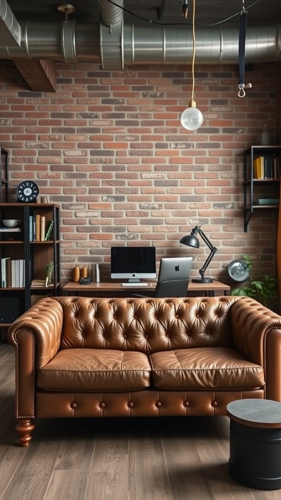 An industrial chic home office featuring a brown leather couch, an exposed brick wall, and a modern desk setup.