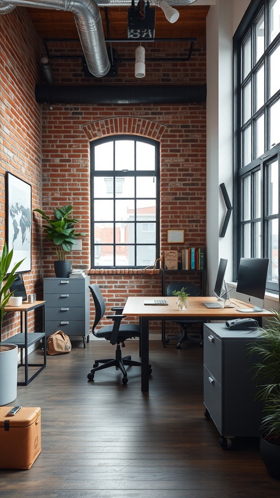 An industrial chic home office featuring exposed brick walls, large windows, and modern furniture.