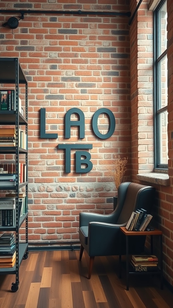 A cozy reading nook featuring an industrial chic design with a brick wall, a stylish armchair, and a bookshelf.