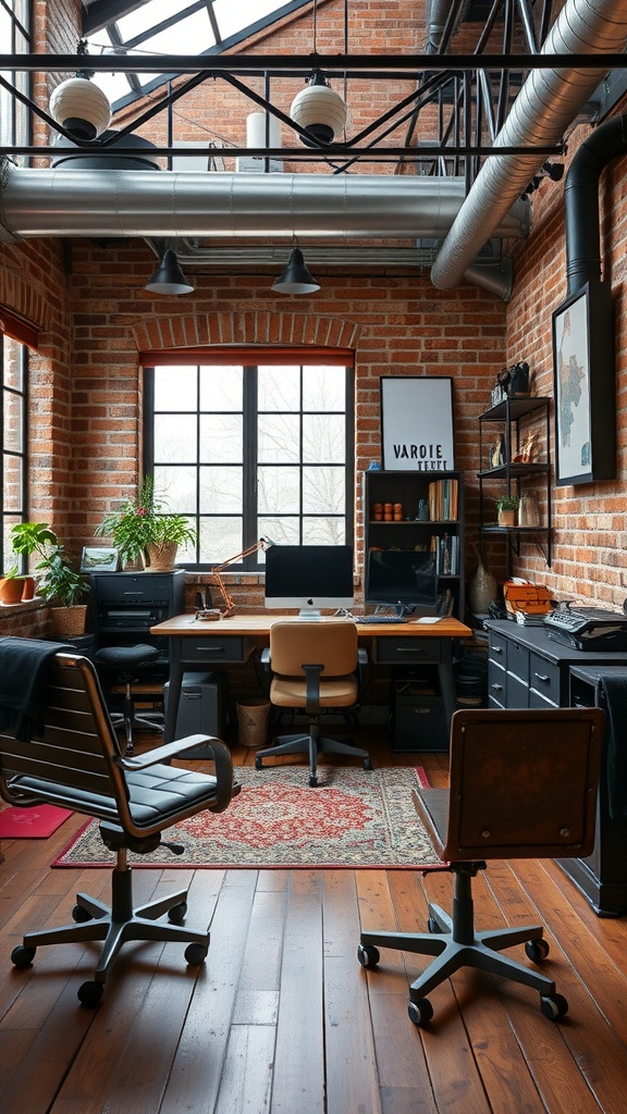 A stylish industrial chic home office with exposed brick walls, wooden desk, and metal accents.