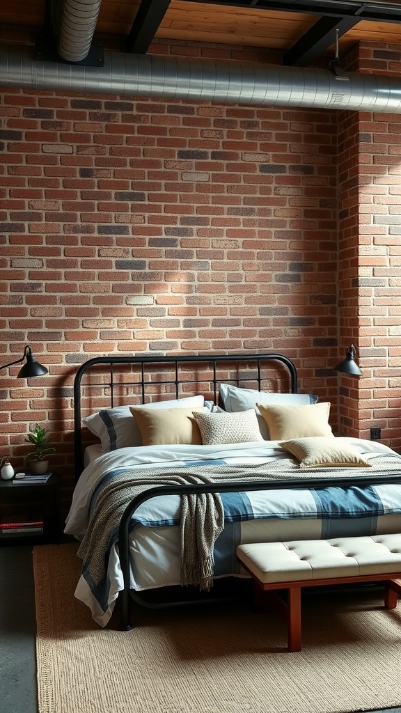 A cozy industrial master bedroom featuring an exposed brick wall, metal bed frame, and warm textiles.