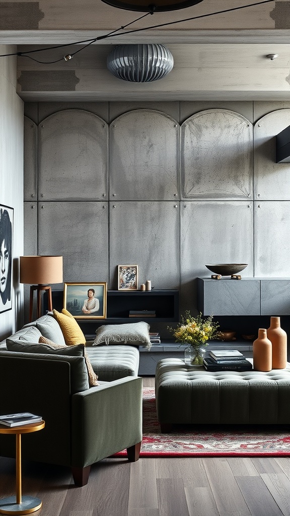 A cozy living room featuring concrete walls and velvet furniture, showcasing a blend of industrial and elegant design.