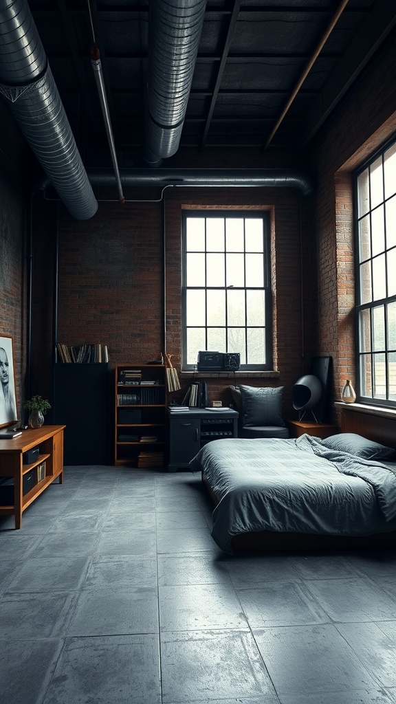 A moody industrial loft bedroom with exposed brick walls, concrete floors, and large windows.