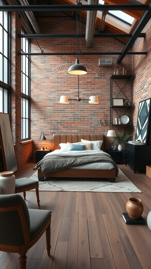 Industrial loft bedroom with exposed brick walls, wooden accents, and warm lighting