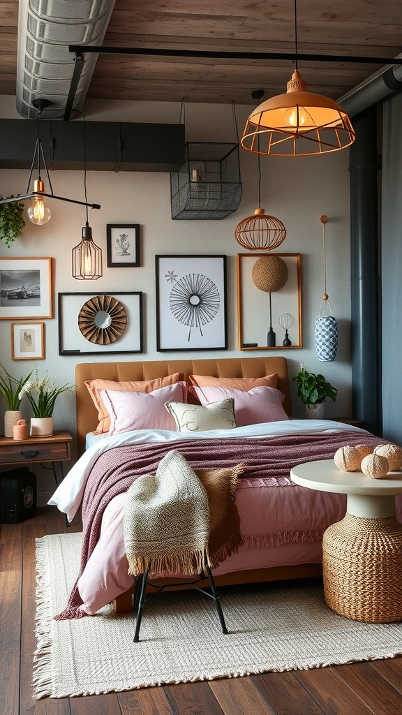 A cozy bedroom showcasing a fusion of industrial and boho styles with pink accents.