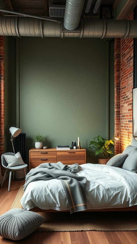 An industrial bedroom featuring sage green walls, exposed brick, and modern furniture.