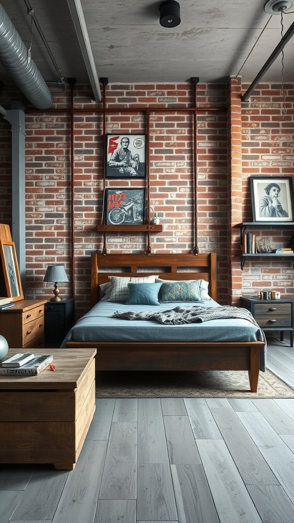 A cozy industrial style grey bedroom featuring a wooden bed, soft blue bedding, exposed brick walls, and grey wooden flooring.